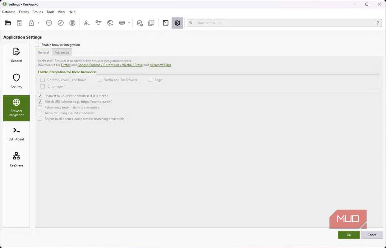 keepassxc browser integration options