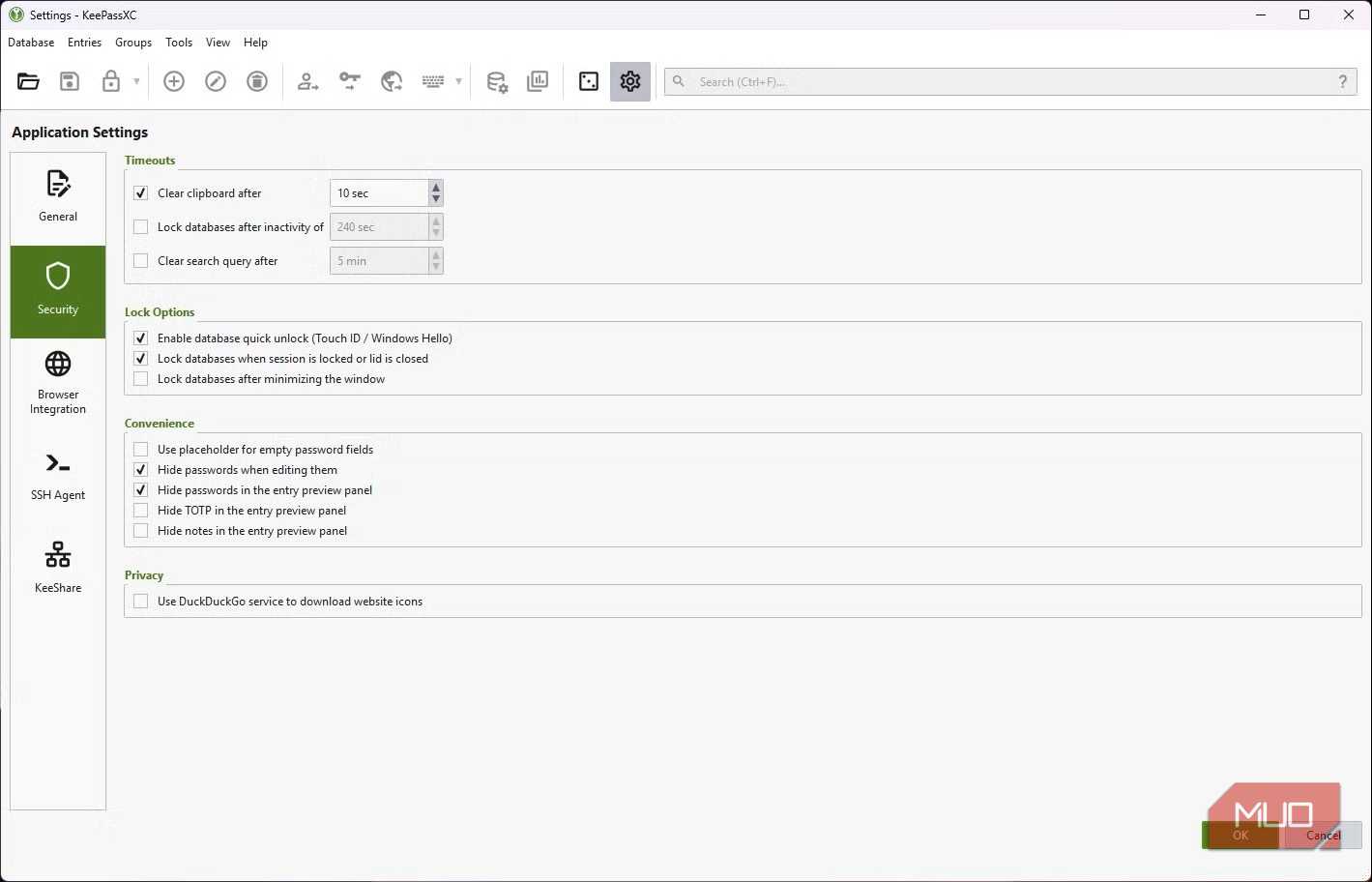 keepassxc security settings