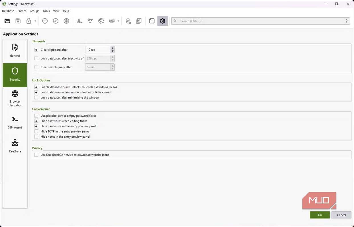 keepassxc security settings