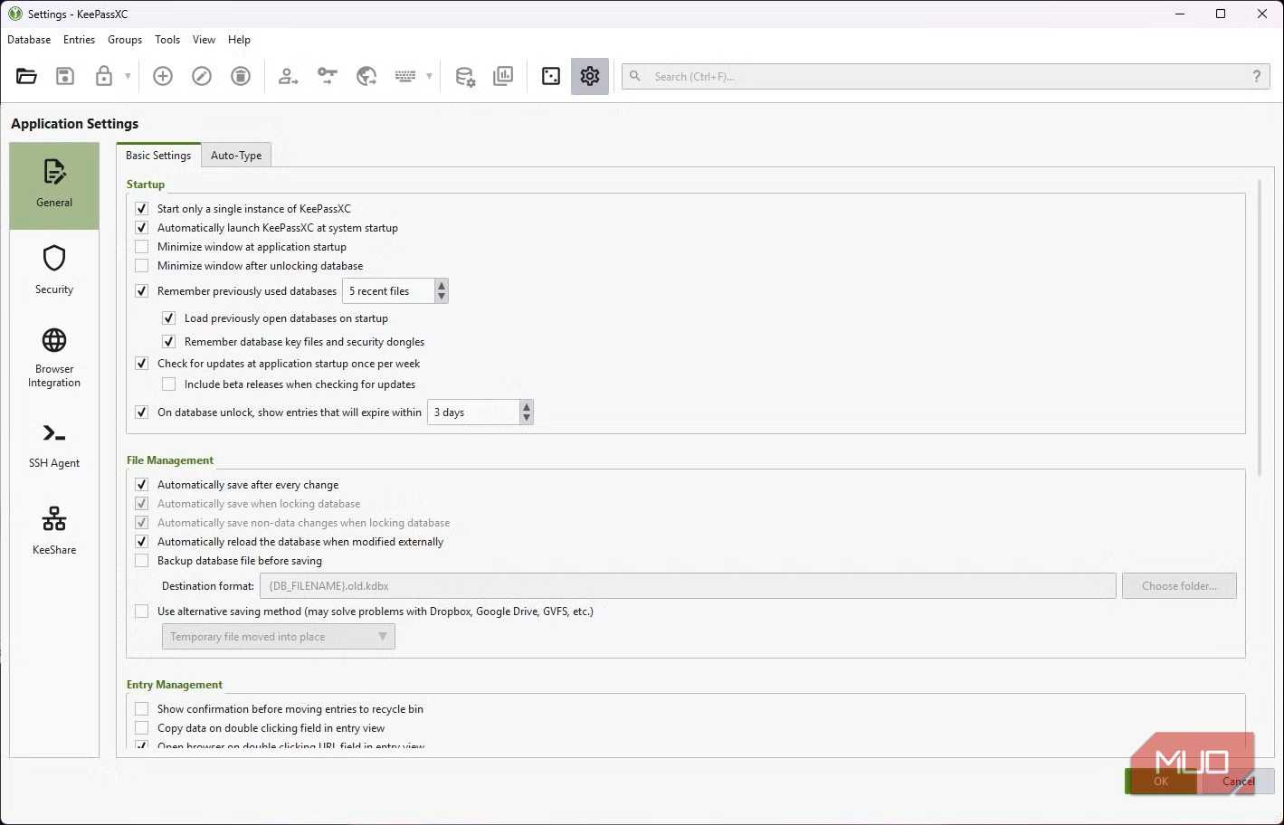 keepassxc settings menu