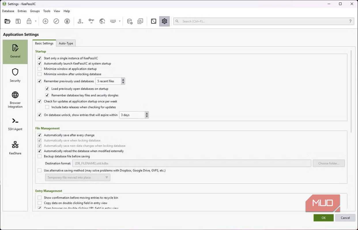 keepassxc settings menu