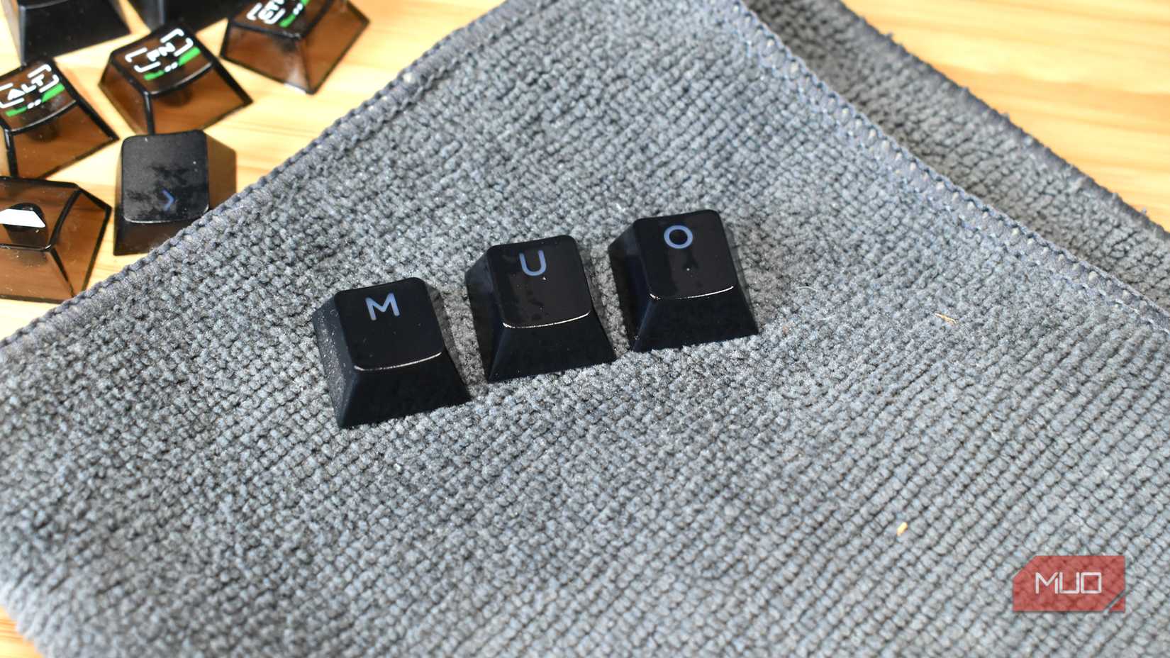 keycaps close up on micro fiber cloth.