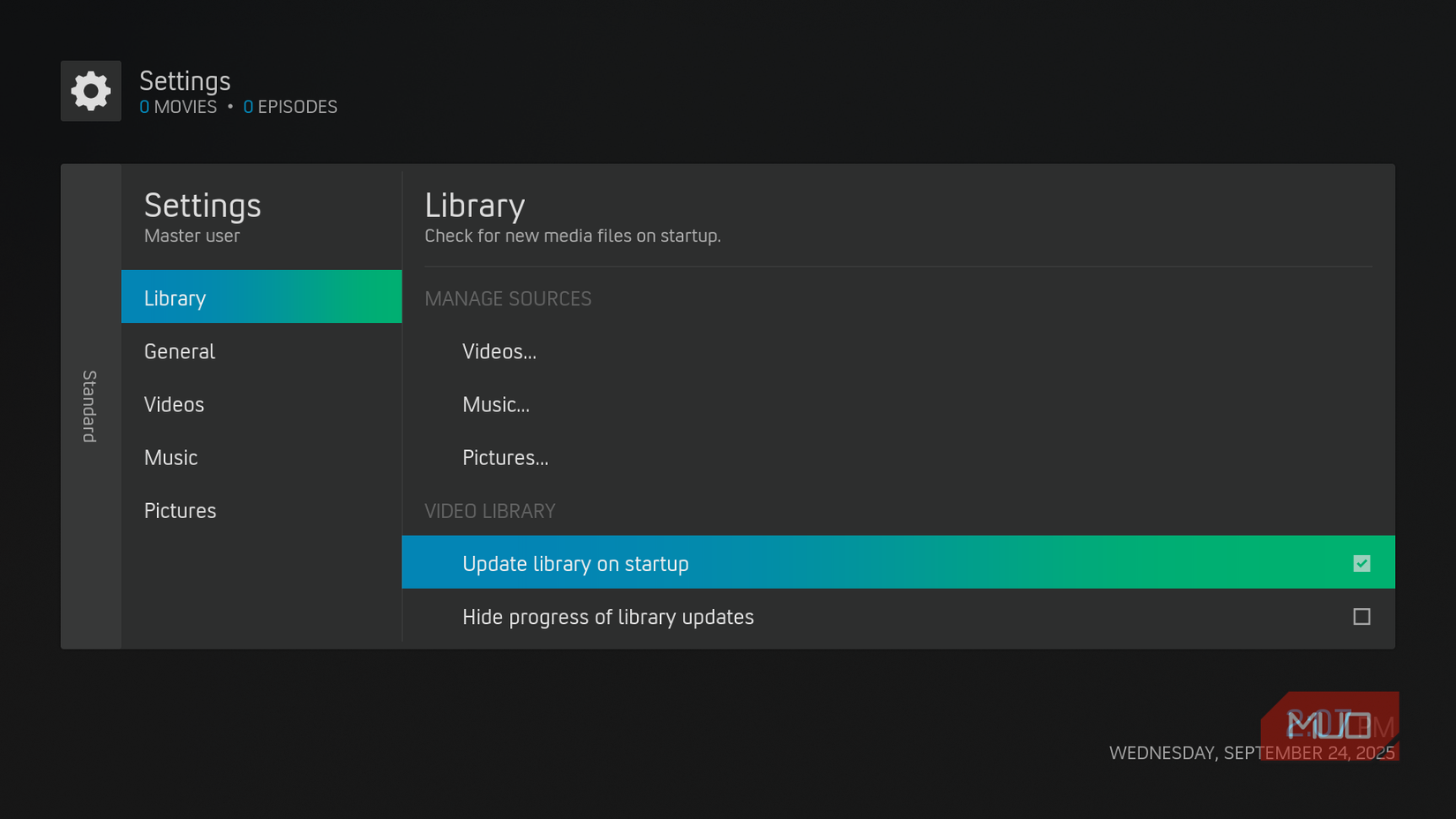 Update the Kodi library on startup.