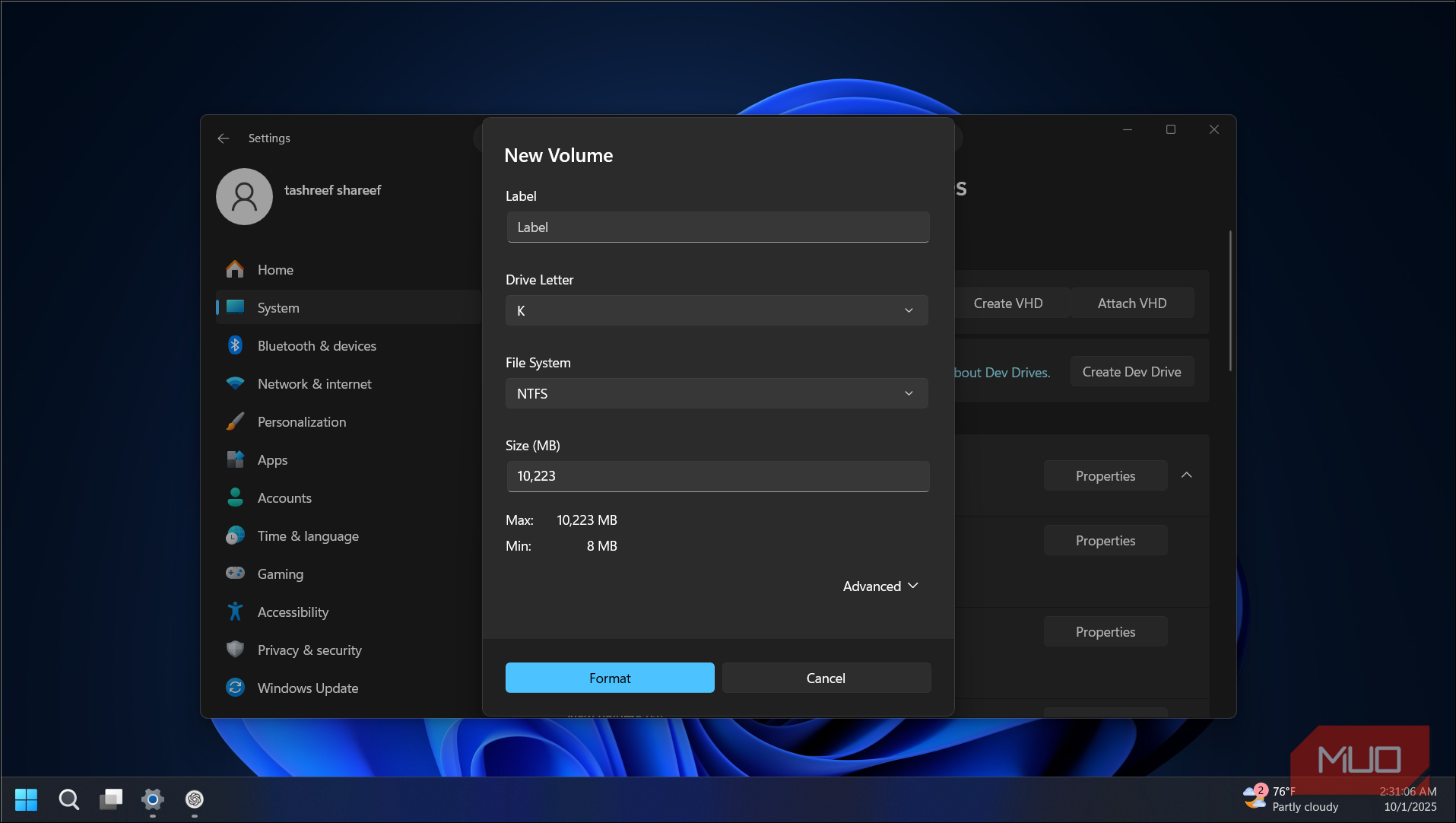 label VHD dialog on Windows 11