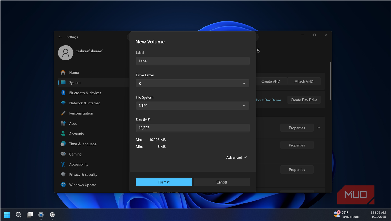 label VHD dialog on Windows 11