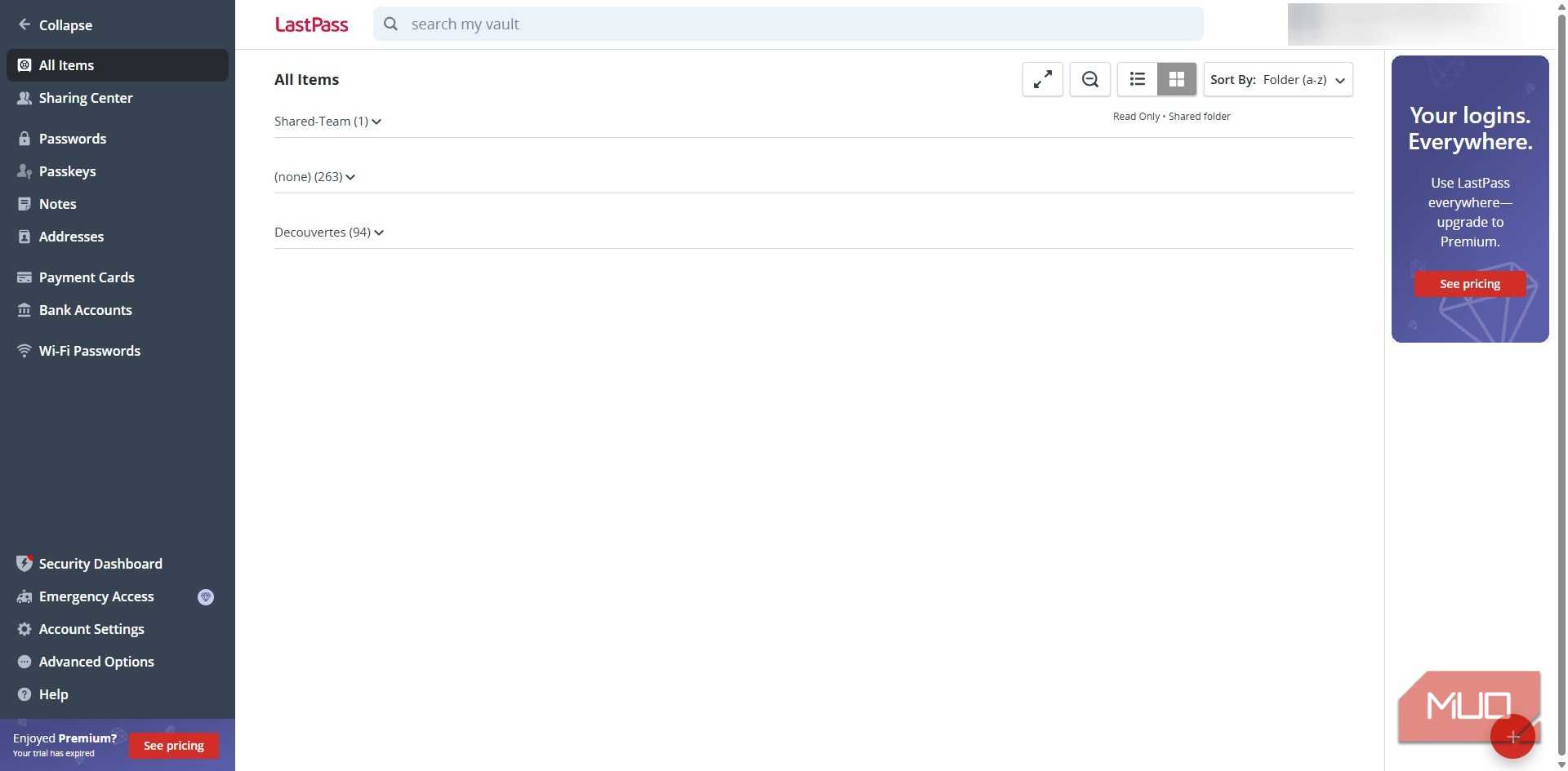 LastPass password manager dashboard item view