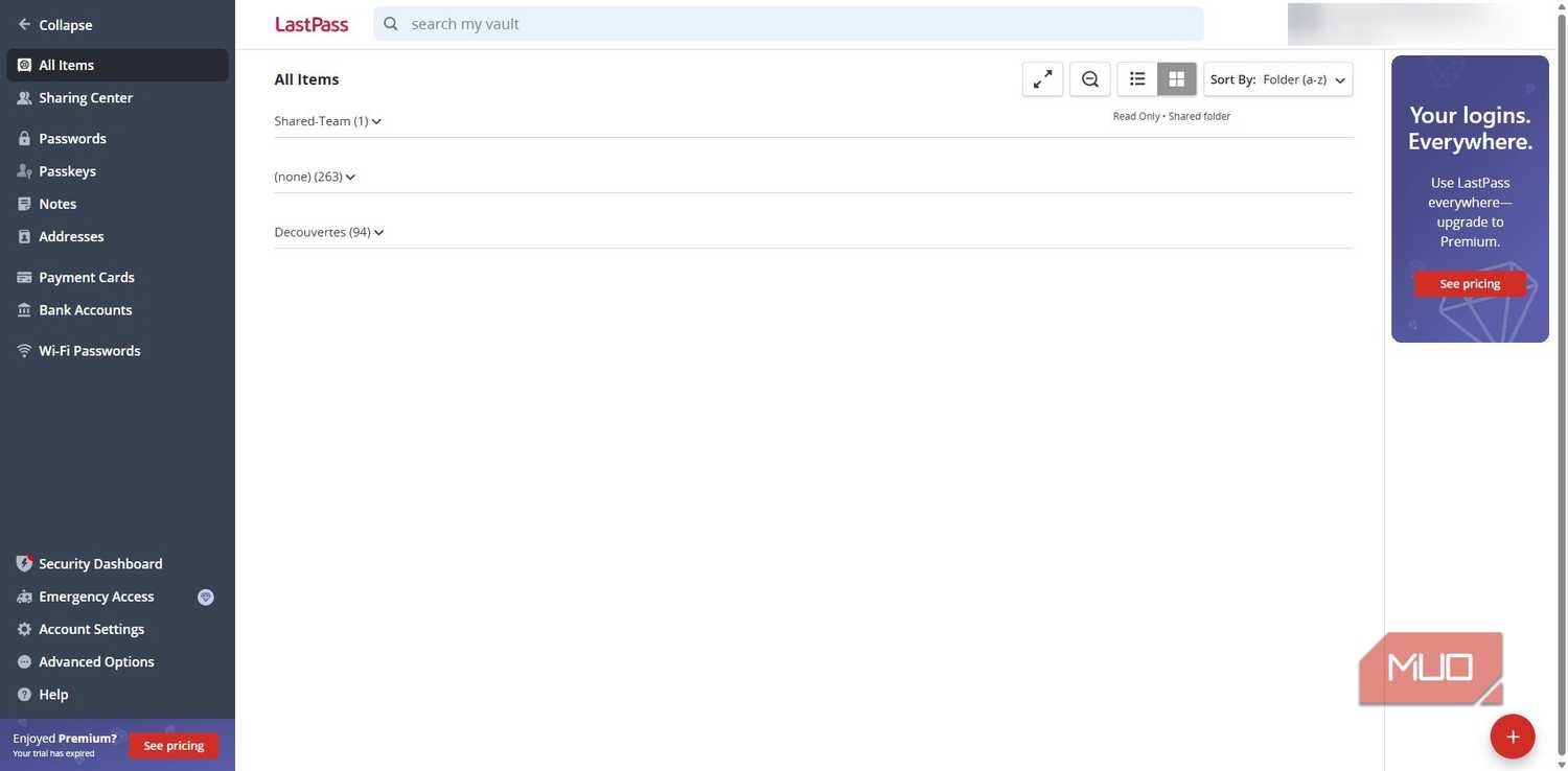LastPass password manager dashboard item view
