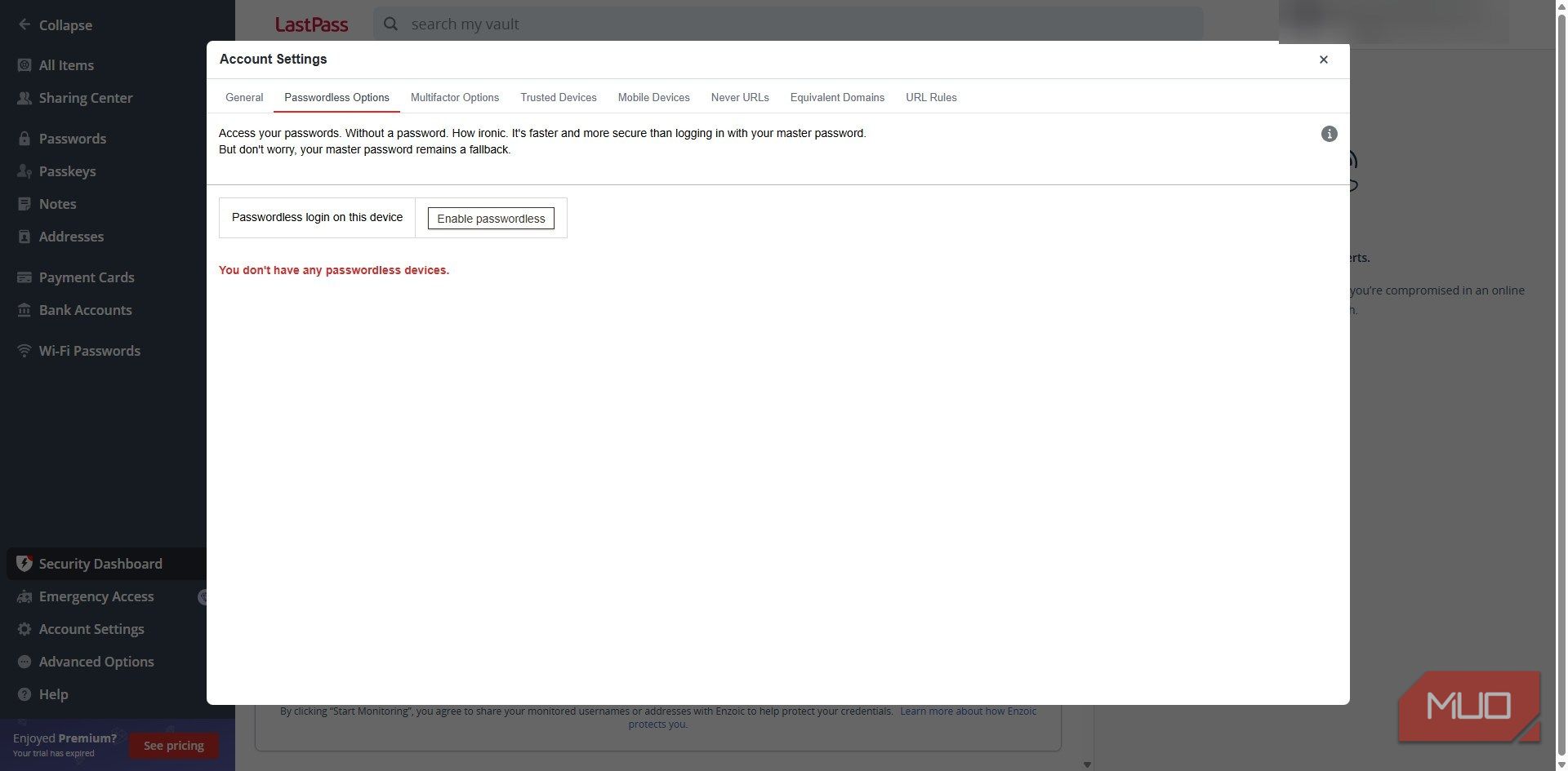 LastPass password manager passwordless option