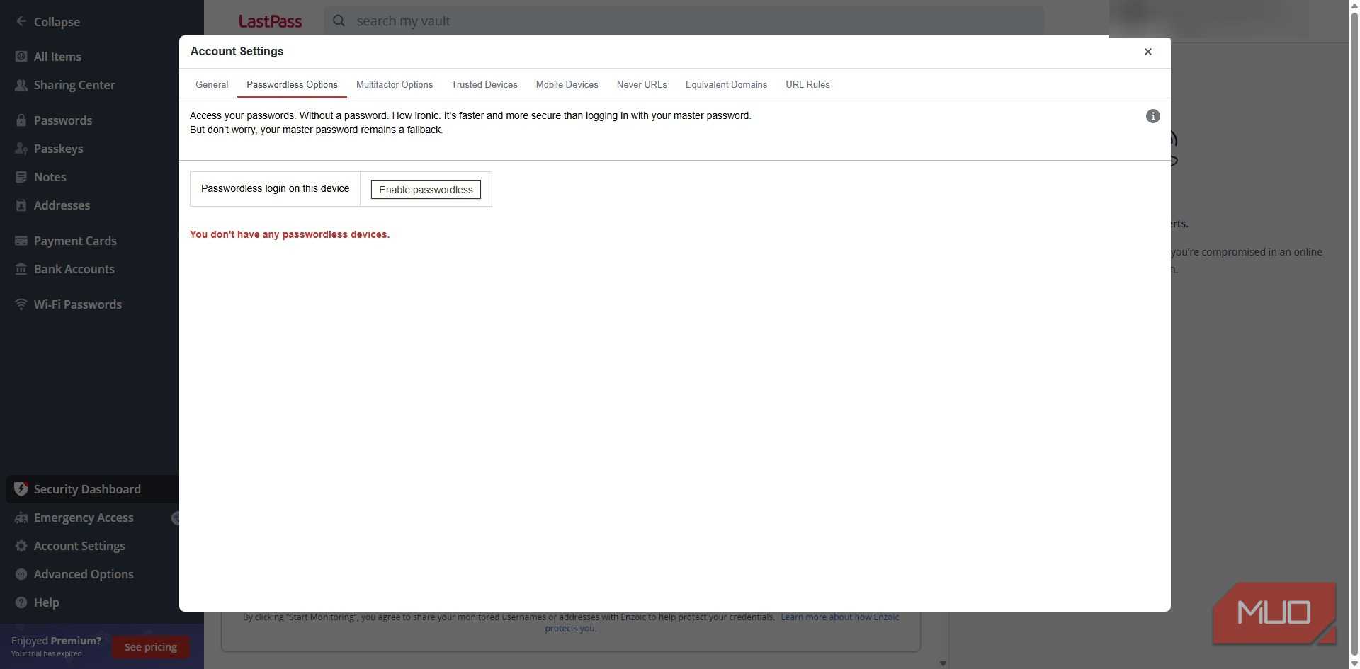 LastPass password manager passwordless option
