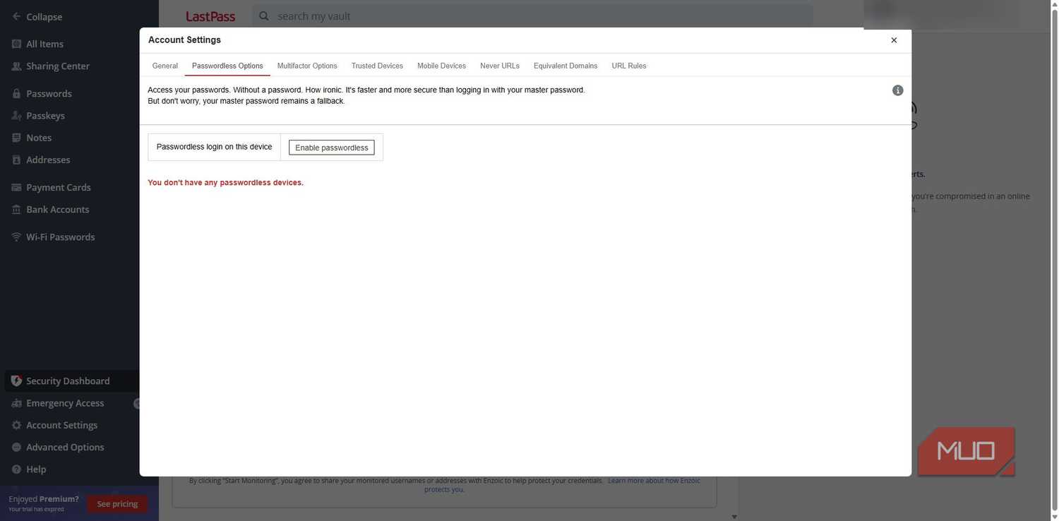 LastPass password manager passwordless option