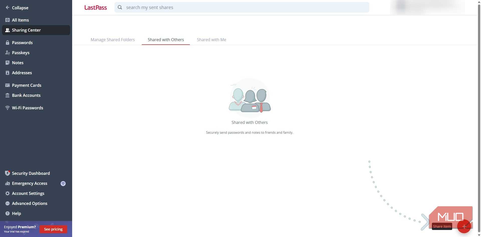 LastPass password manager sharing center