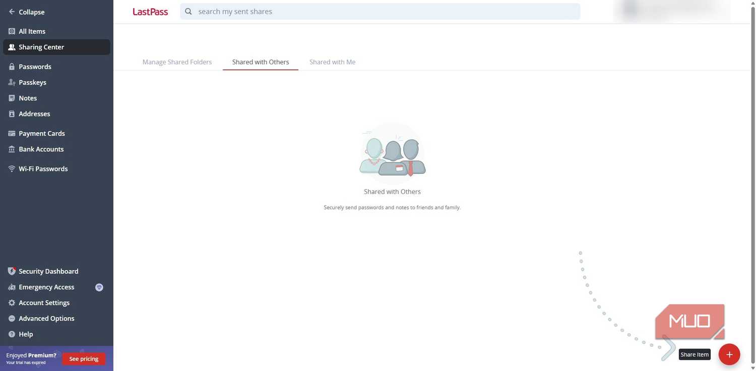 LastPass password manager sharing center