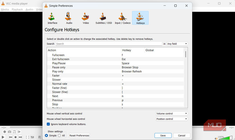 List of hotkeys in VLC