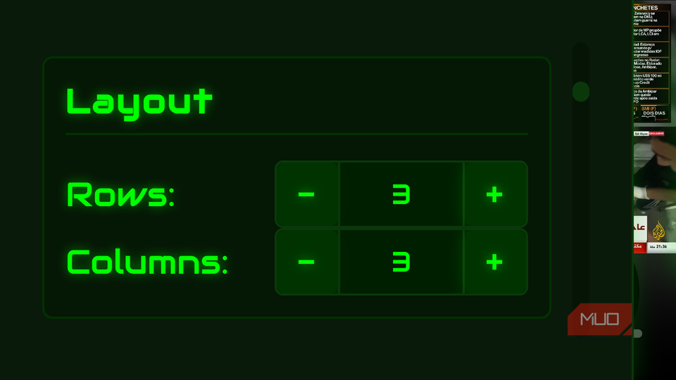 Live TV Wall layout settings panel showing Rows and Columns with adjustment buttons.