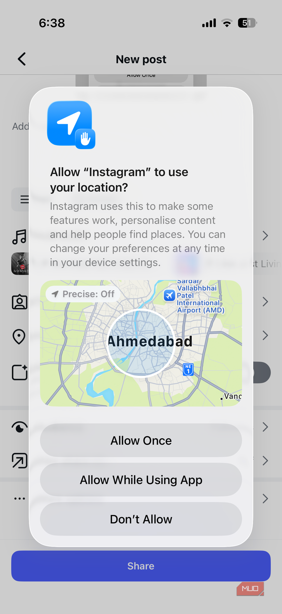 Location permission pop-up on iPhone