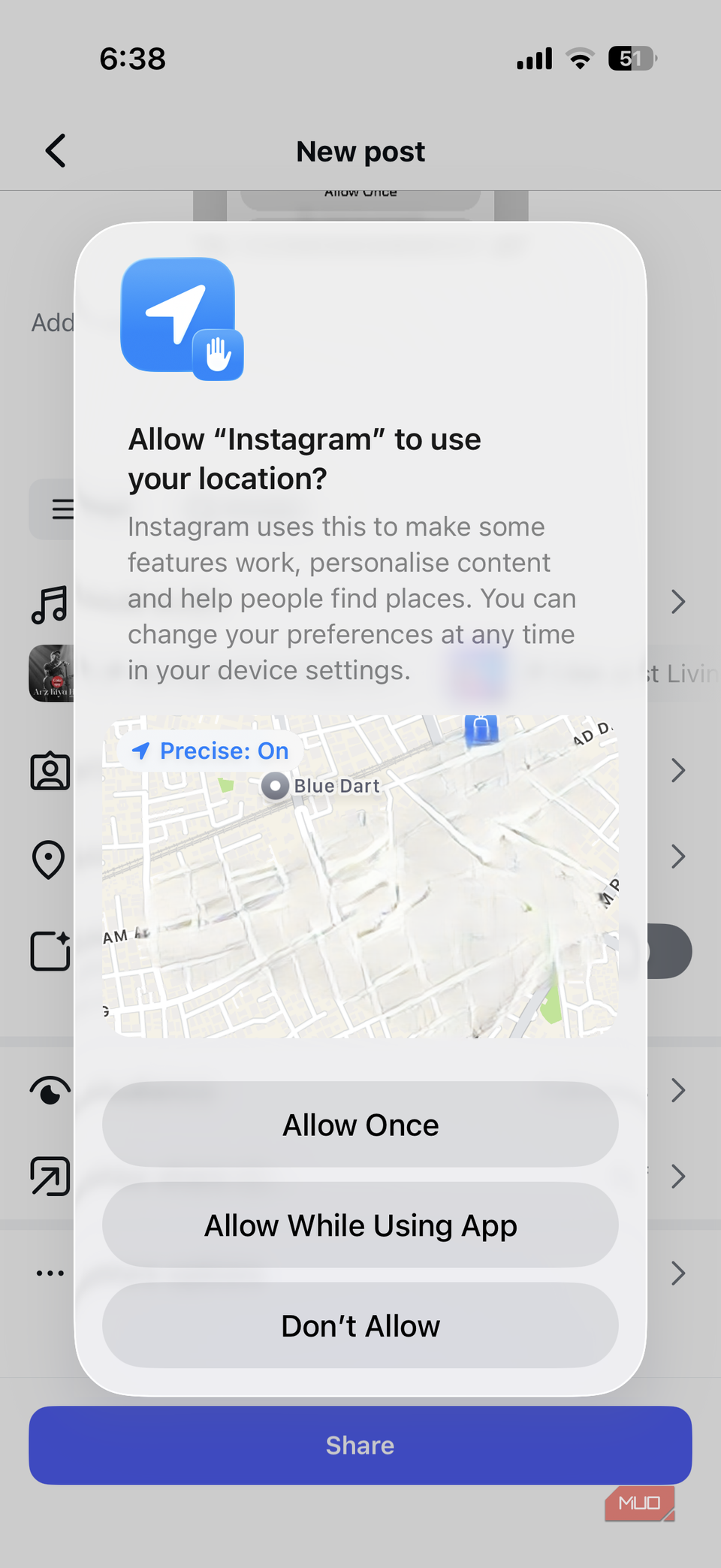 Location request pop-up on iPhone
