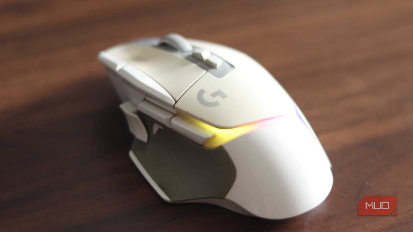 Logitech mouse on a desk. 