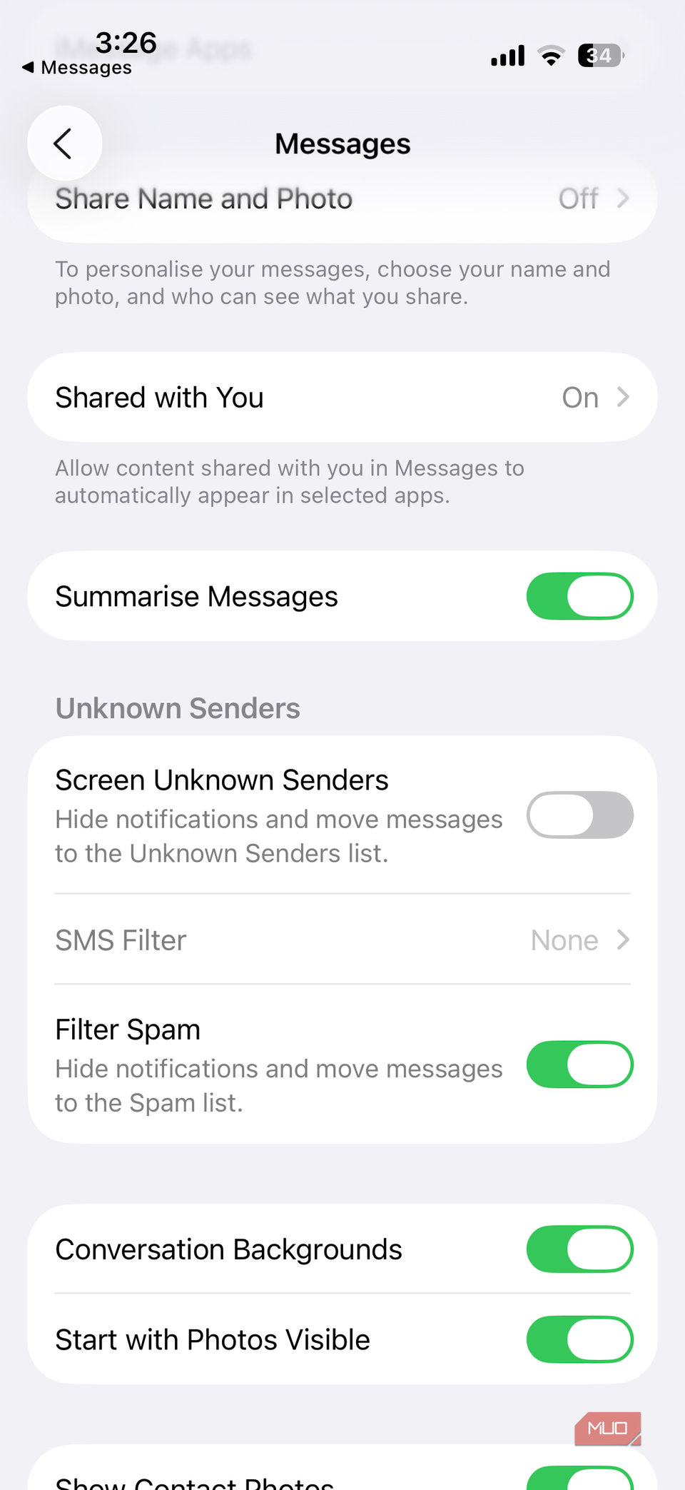 Message filter option in iOS 26