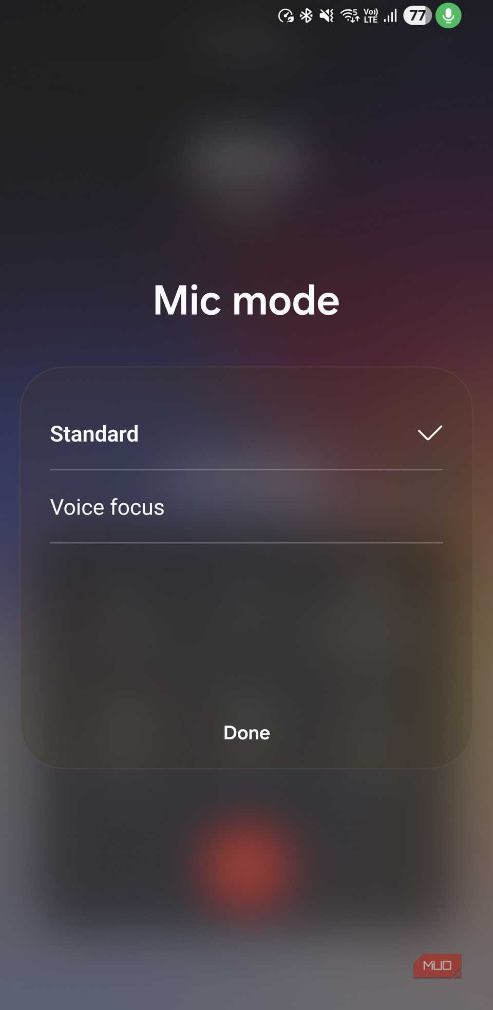 Mic mode menu set to Standard