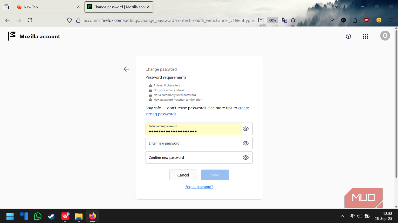 Changing account password in Firefox browser.