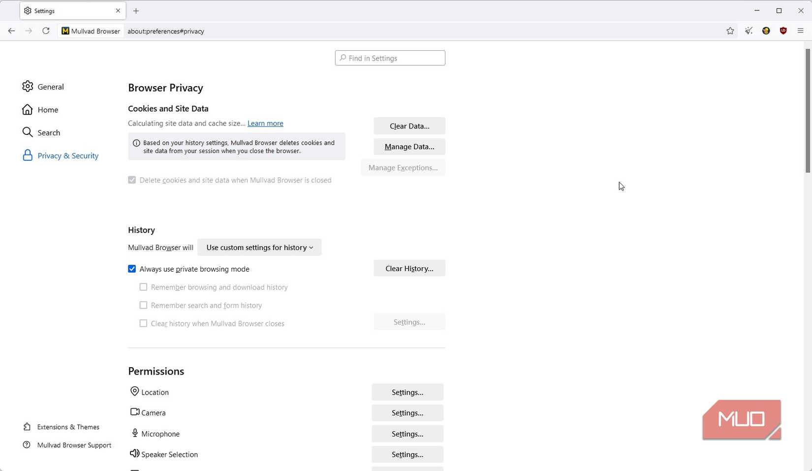 Mullvad browser privacy settings