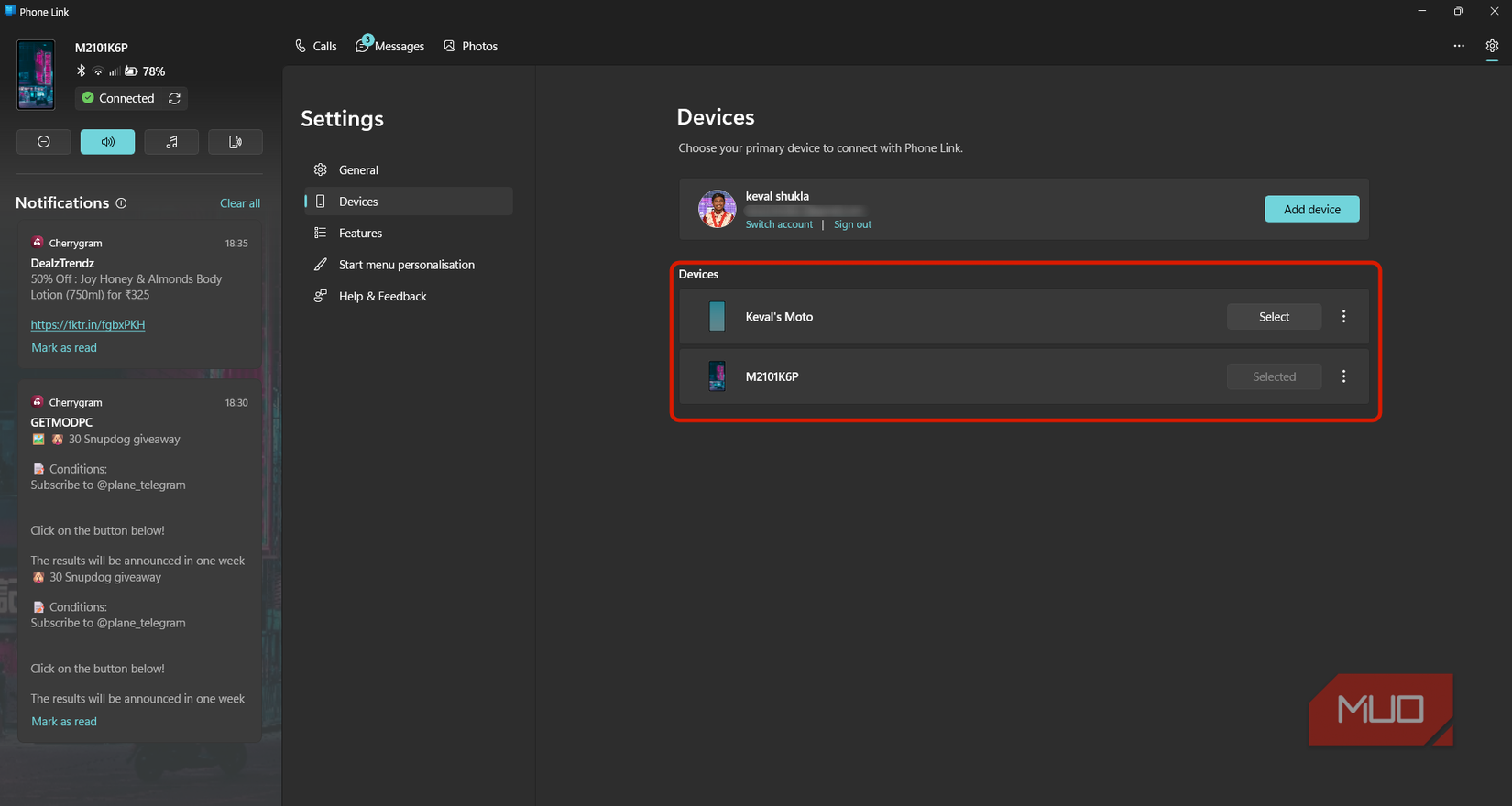 Connected multiple devices in Phone Link App settings highlighted by red box.