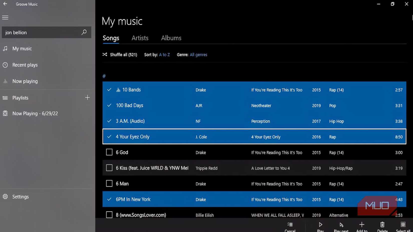 Multiple songs selected on Groove Music.