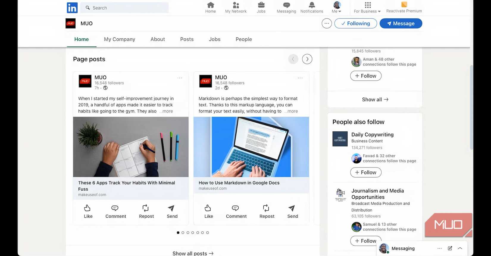 MUO LinkedIn page displaying some recent posts.