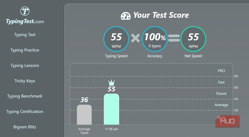 My words per minute test score of 55WPM from TypingTest.com.