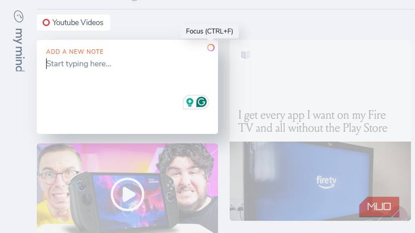 Focus pop-up on MyMind web app home page.
