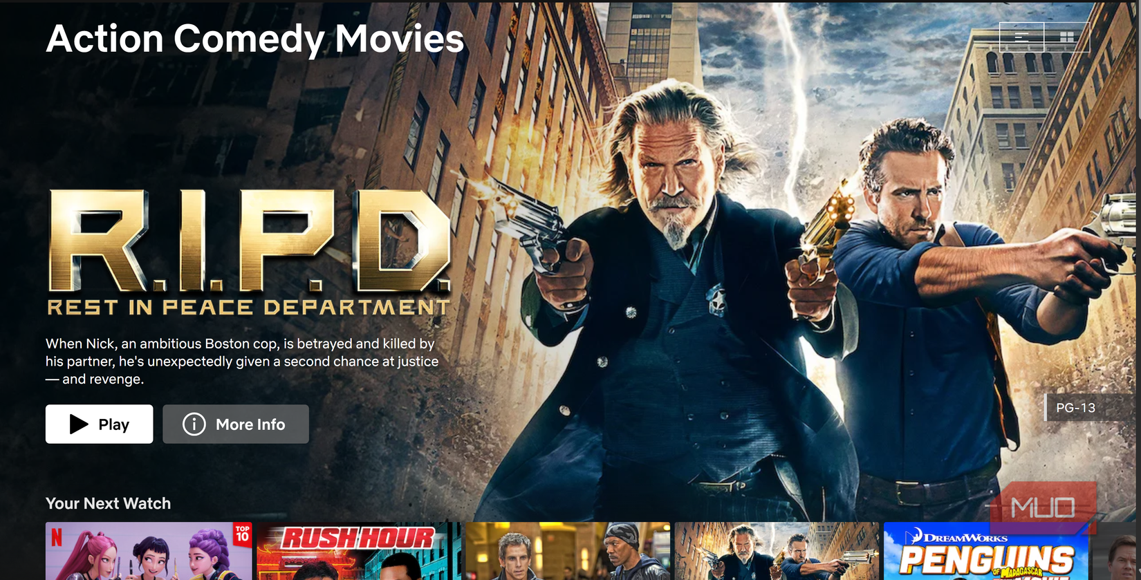 Netflix Action Comedy section homepage.