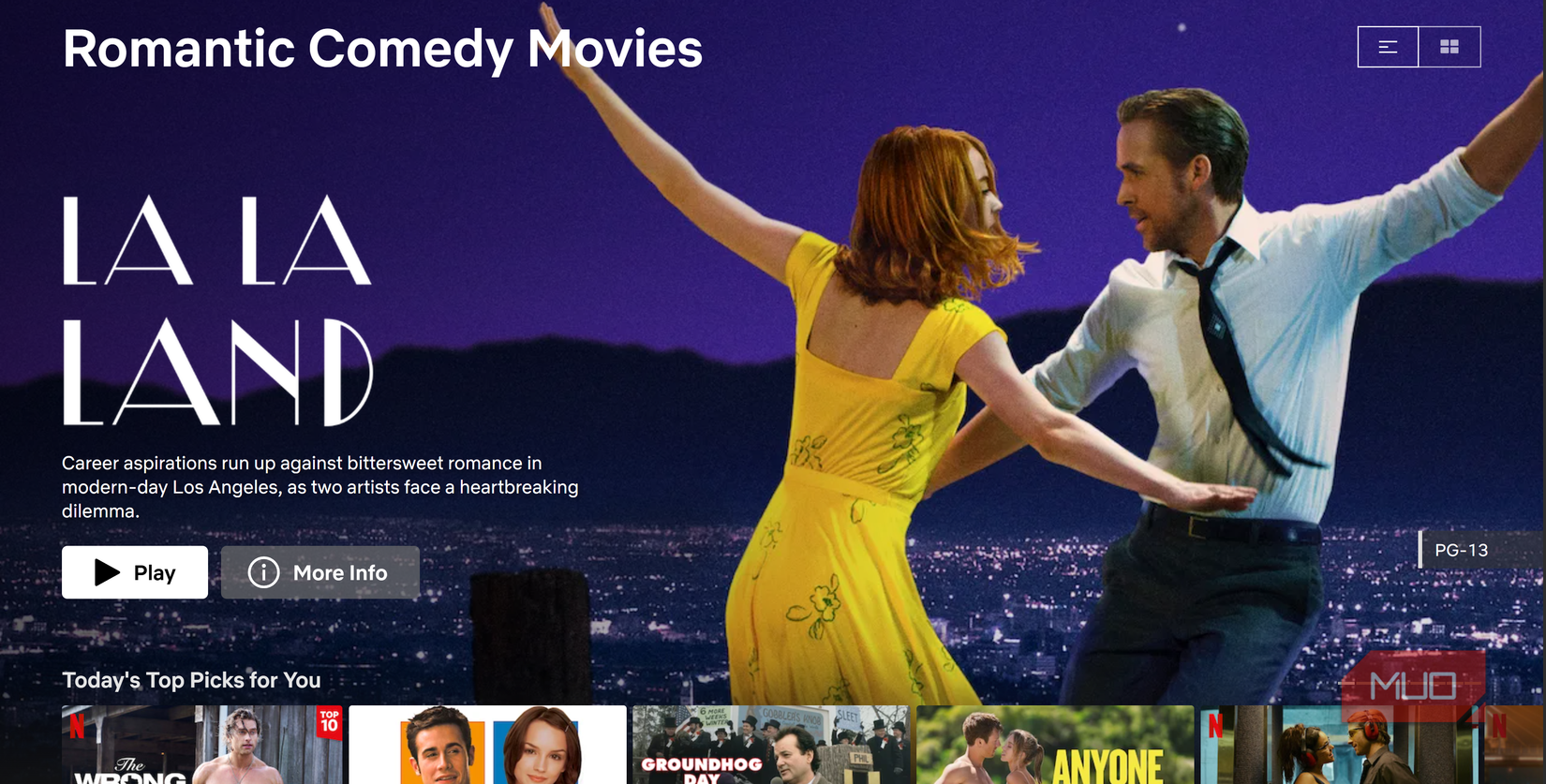 Netflix Romantic Comedy section homepage.