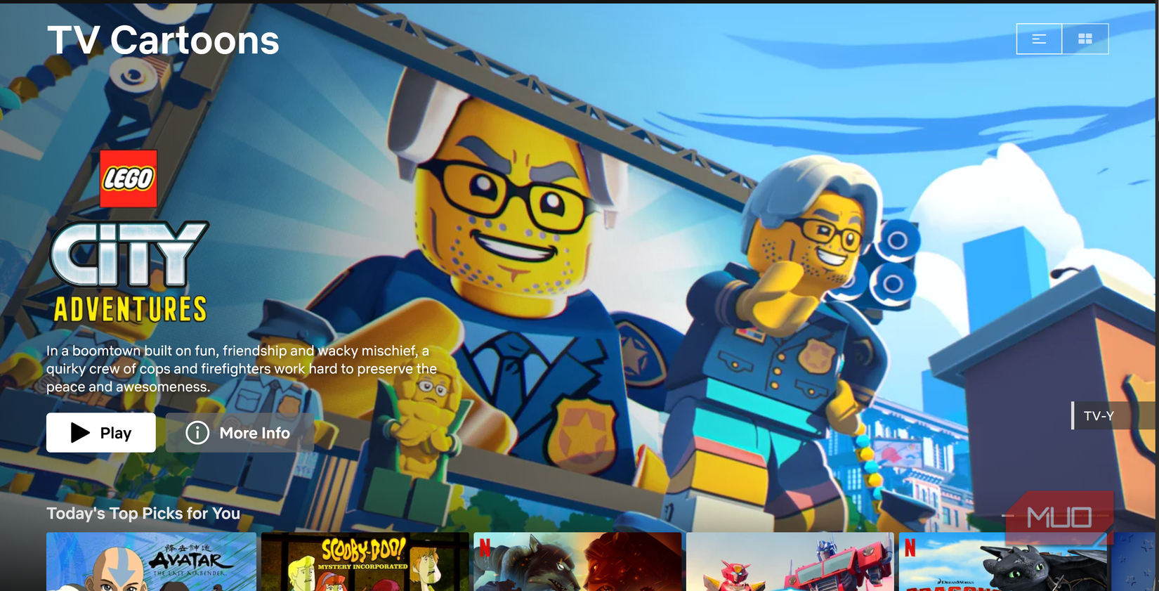 Netflix TV Cartoons section homepage.