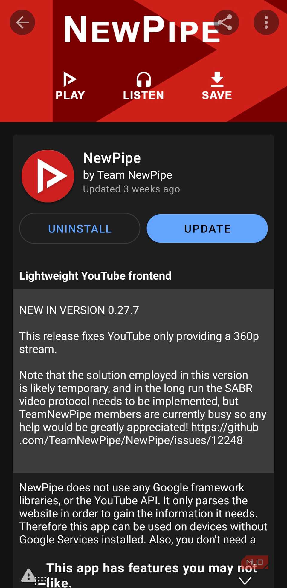 NewPipe app on F-Droid for Android phone