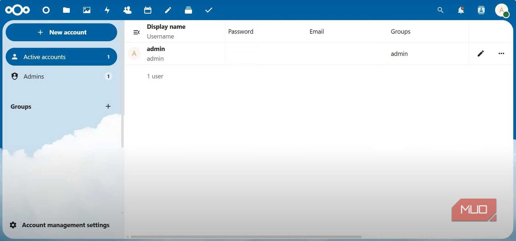 Nextcloud account management settings