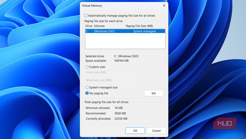 No paging file option in Windows 11