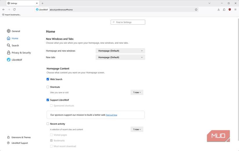 Non Chromium-based Libreworlf browser settings