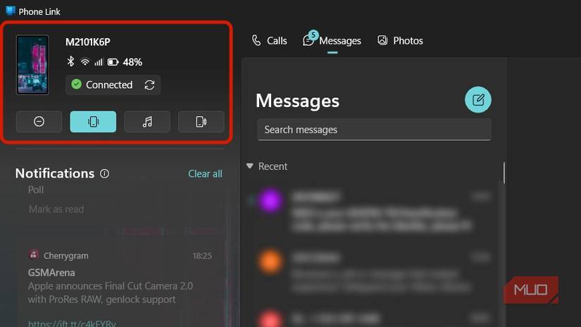 Phone sync status showing as on Phone Link app in Windows 11.