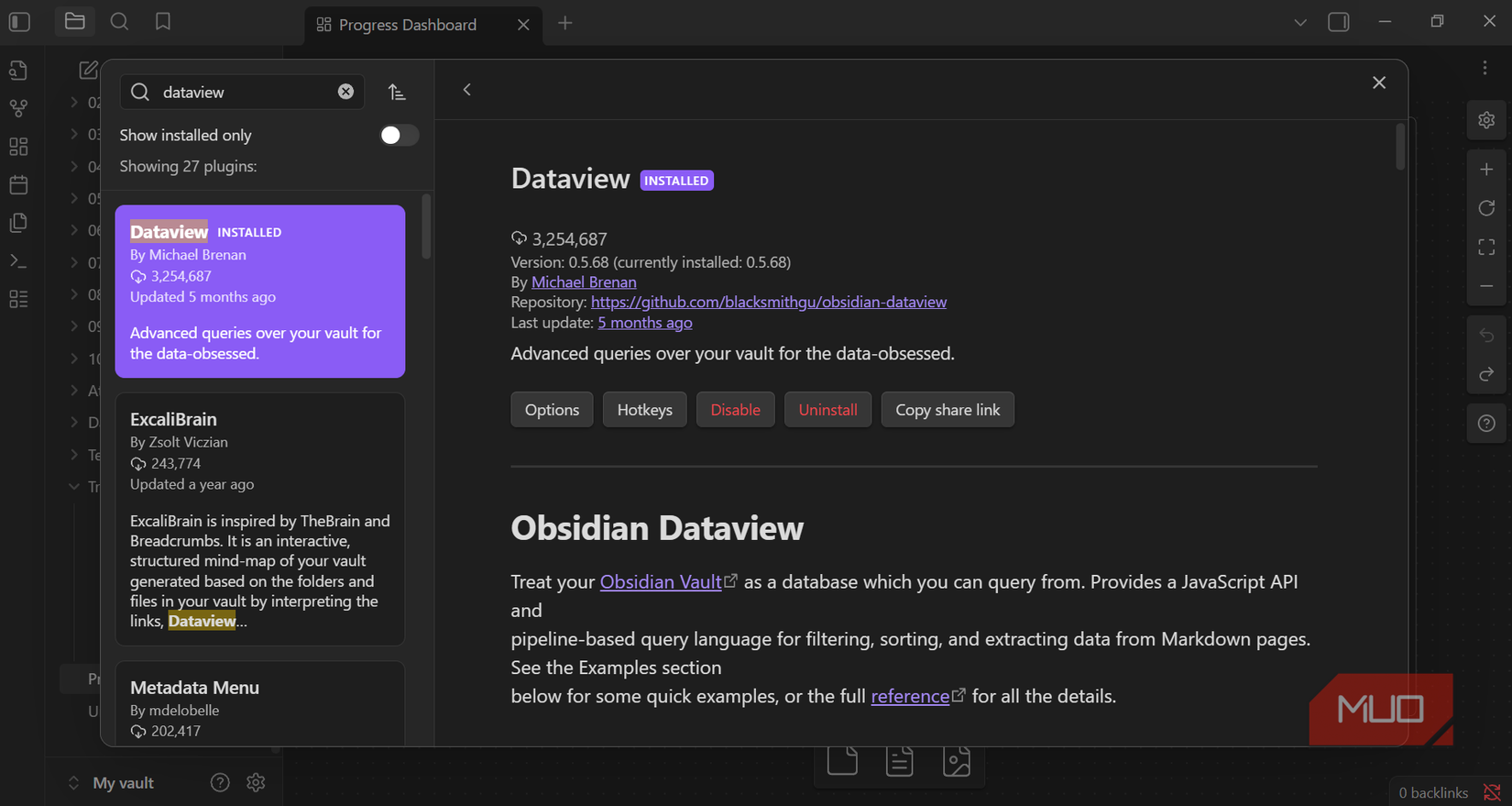 Dataview from Obsidian community plugins 