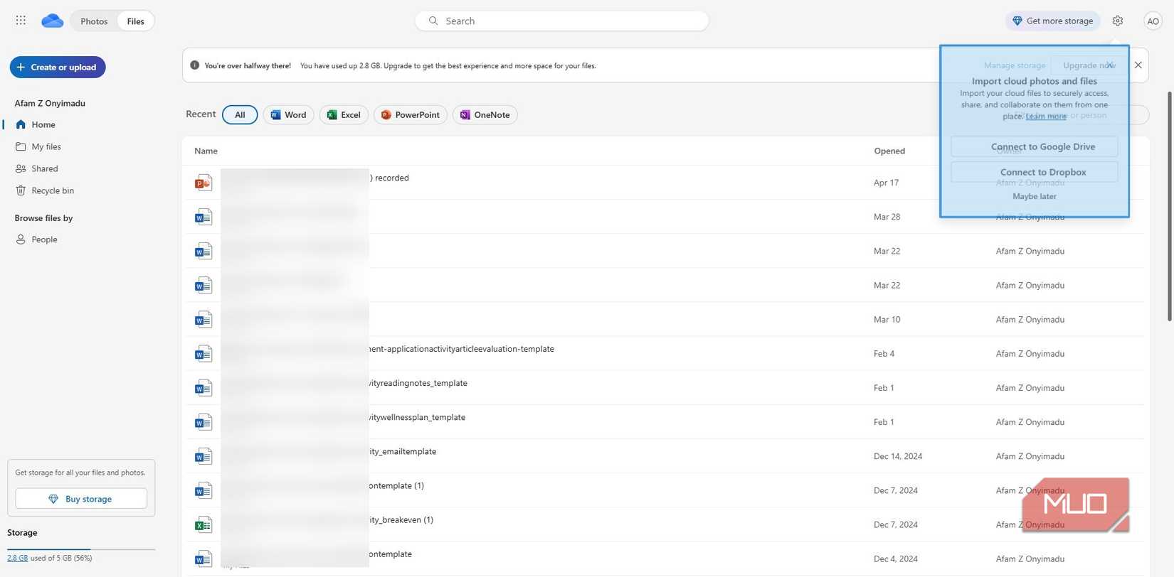 OneDrive cloud storage interface
