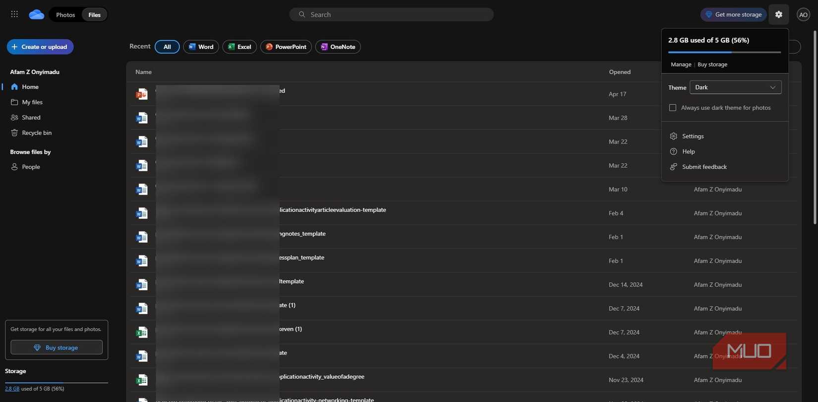 OneDrive files on the website
