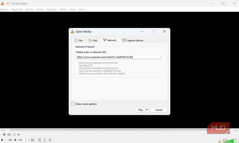 Open media dialog in VLC player