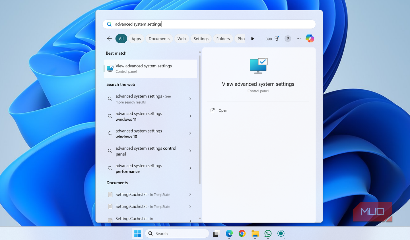Opening advanced system settings in Windows 11