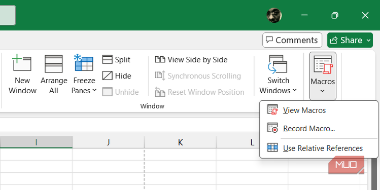 Options to create or view a macro in Excel