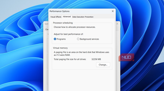 Performance options window in Windows 11