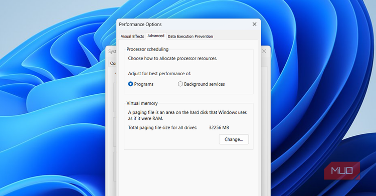 Performance options window in Windows 11