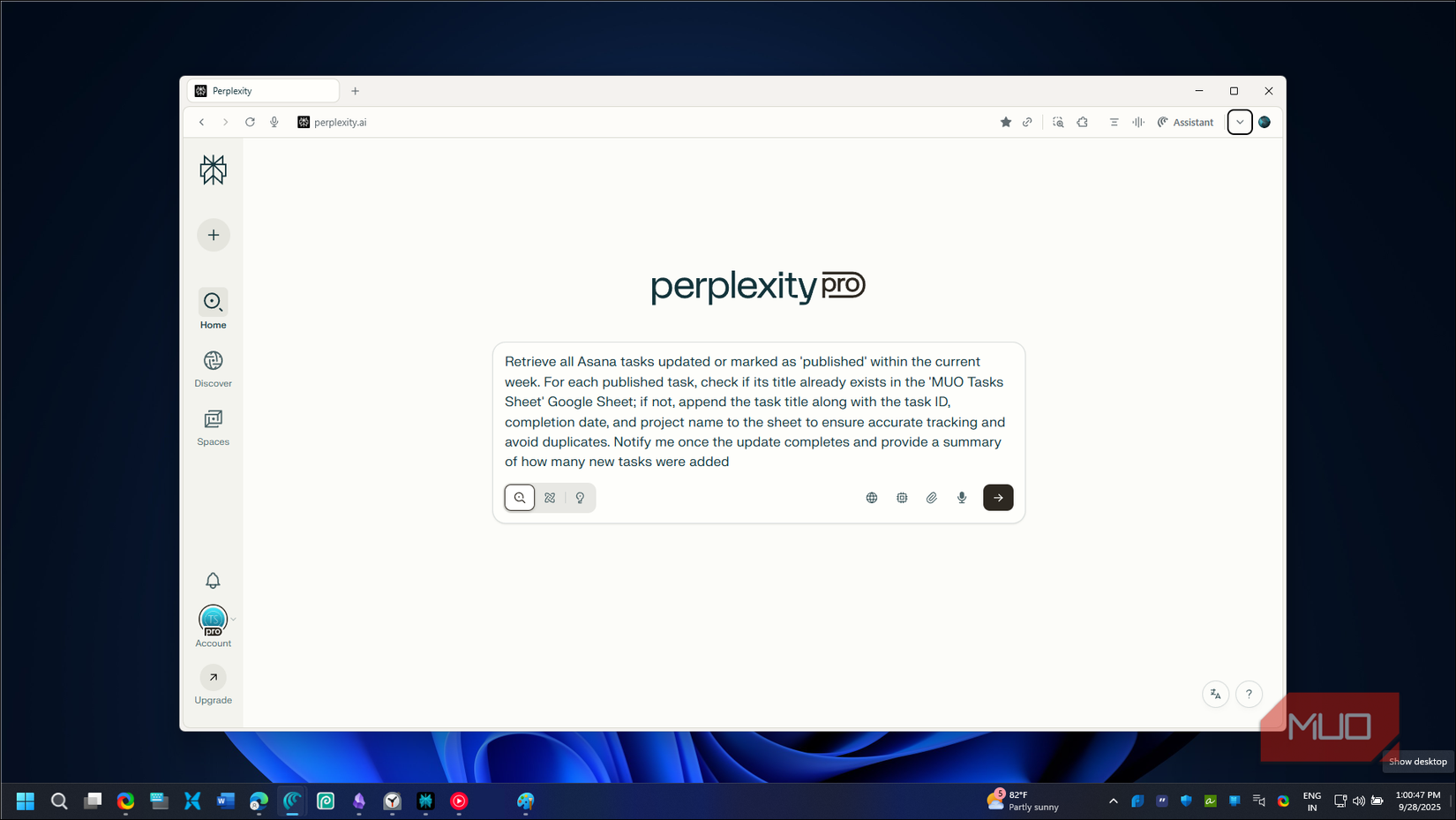 perplexity prompt for Asana and Google Sheet tasks