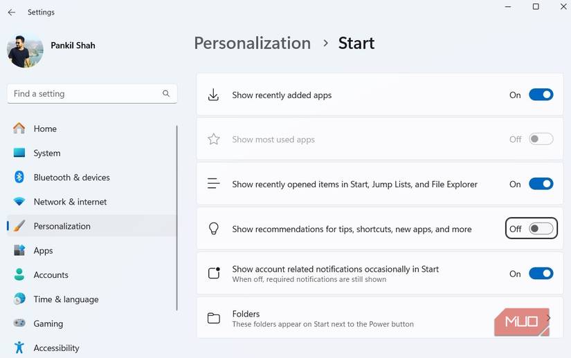 Personalization Options for Start Menu in Windows 11 Settings App