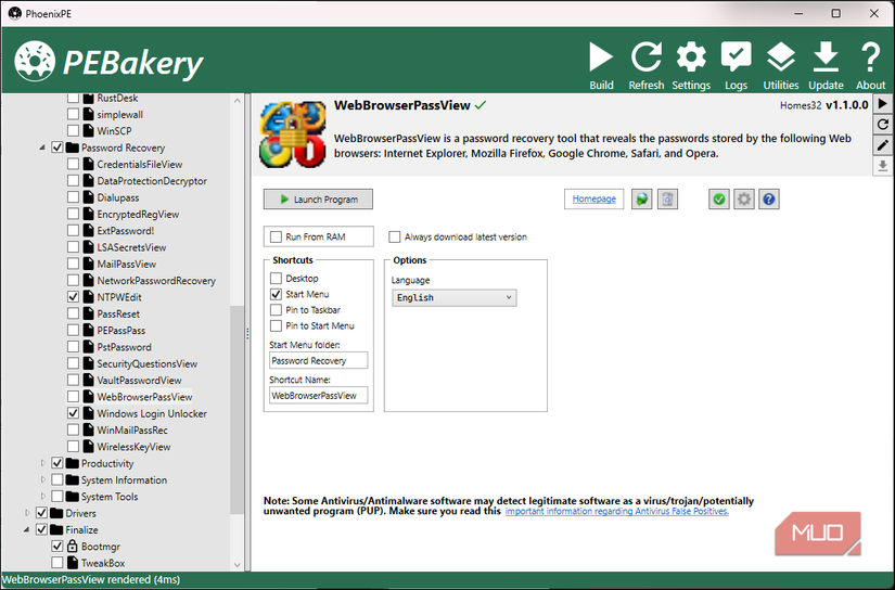 PhoenixPE selecting password recovery