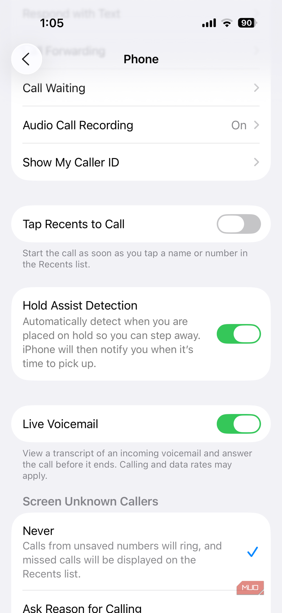 Phone app settings on iPhone